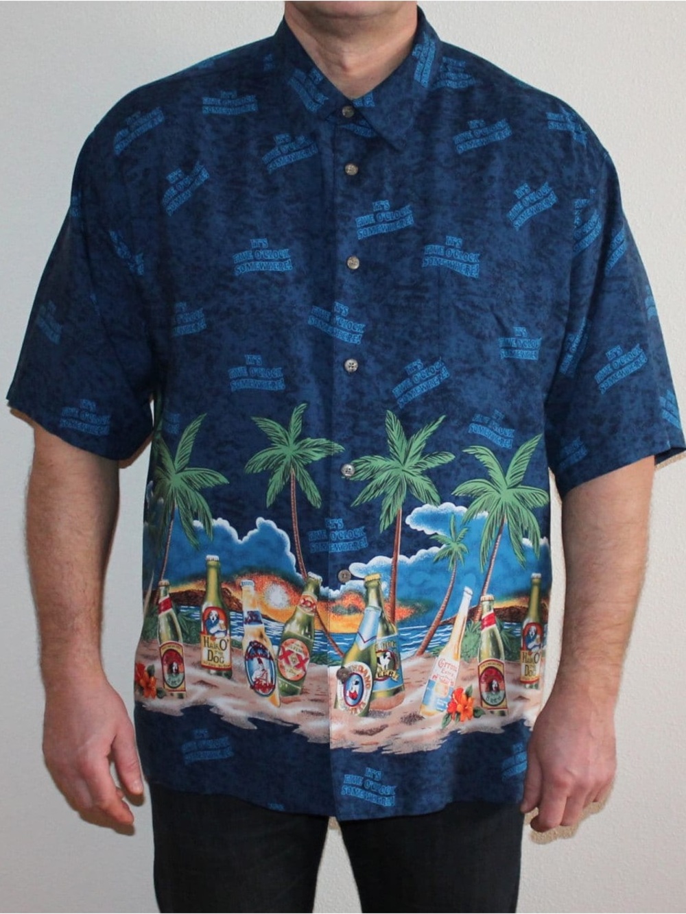 Big Dogs Vintage 90s Style Tropical Beer Hawaiian Shirt 4X Navy Blue Palm Beach